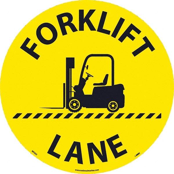 NMC - Forklift Lane, Anti-Skid Pressure-Sensitive Vinyl Floor Sign - Round, Black on Yellow, Adhesive Backed, For Restroom, Janitorial & Housekeeping - Caliber Tooling