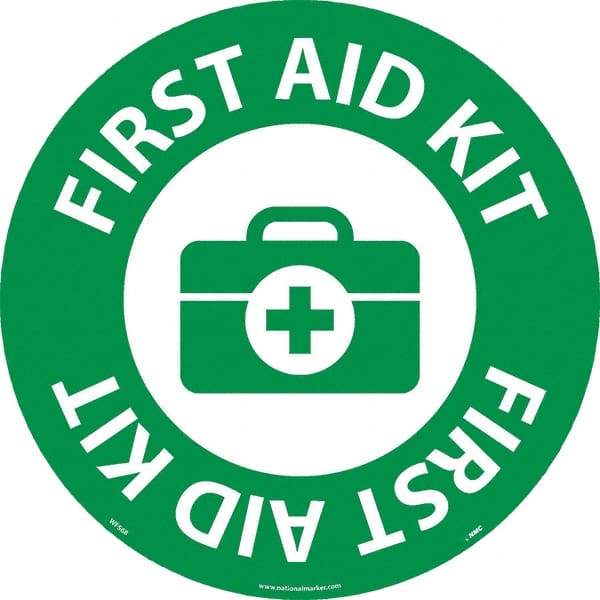 NMC - First Aid Kit, Anti-Skid Pressure-Sensitive Vinyl Floor Sign - Round, White on Green, Adhesive Backed, For Restroom, Janitorial & Housekeeping - Caliber Tooling