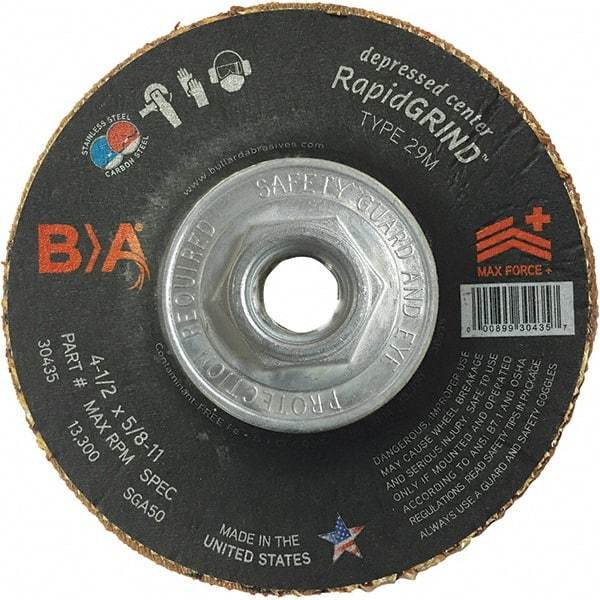 BULLARD - 50 Grit, 4-1/2" Wheel Diam, 1/8" Wheel Thickness, Type 29 Depressed Center Wheel - Coarse Grade, Ceramic, 13,300 Max RPM, Compatible with Angle Grinder - Caliber Tooling