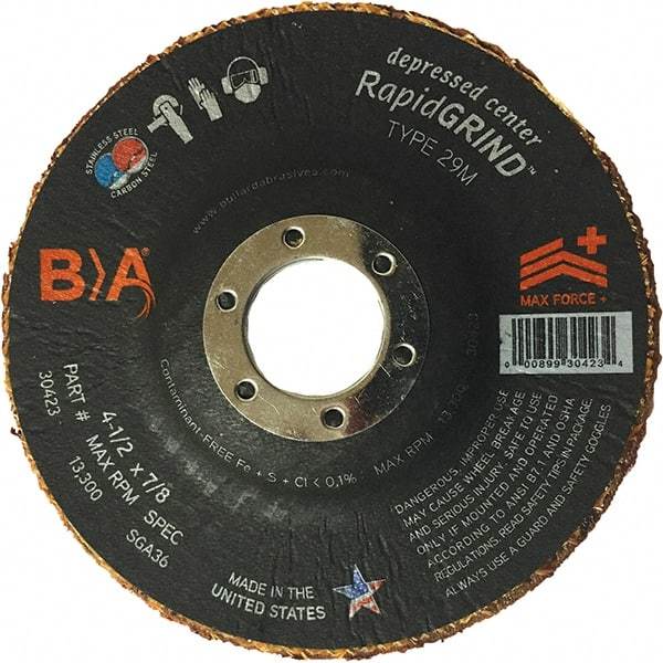 BULLARD - 36 Grit, 4-1/2" Wheel Diam, 1/8" Wheel Thickness, 7/8" Arbor Hole, Type 29 Depressed Center Wheel - Coarse/Extra Coarse Grade, Ceramic, 13,300 Max RPM, Compatible with Angle Grinder - Caliber Tooling