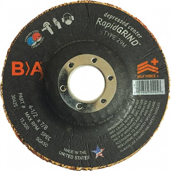 BULLARD - 50 Grit, 4-1/2" Wheel Diam, 1/8" Wheel Thickness, 7/8" Arbor Hole, Type 29 Depressed Center Wheel - Coarse Grade, Ceramic, 13,300 Max RPM, Compatible with Angle Grinder - Caliber Tooling