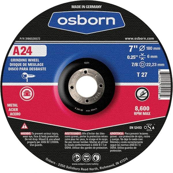 Osborn - 24 Grit, 7" Wheel Diam, 1/4" Wheel Thickness, 7/8" Arbor Hole, Type 27 Depressed Center Wheel - Coarse Grade, Aluminum Oxide, 8,600 Max RPM - Caliber Tooling