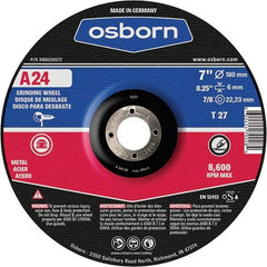 Osborn - 24 Grit, 7" Wheel Diam, 1/4" Wheel Thickness, 7/8" Arbor Hole, Type 27 Depressed Center Wheel - Coarse Grade, Aluminum Oxide, 8,600 Max RPM - Caliber Tooling