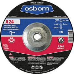 Osborn - 24 Grit, 7" Wheel Diam, 1/4" Wheel Thickness, Type 27 Depressed Center Wheel - Coarse Grade, Aluminum Oxide, 8,600 Max RPM - Caliber Tooling