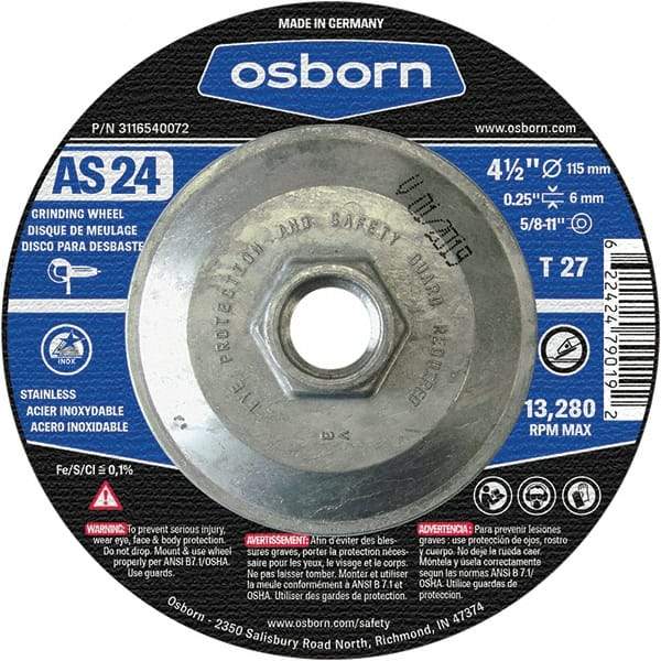 Osborn - 24 Grit, 4-1/2" Wheel Diam, 1/4" Wheel Thickness, Type 27 Depressed Center Wheel - Coarse Grade, Aluminum Oxide, 13,280 Max RPM - Caliber Tooling