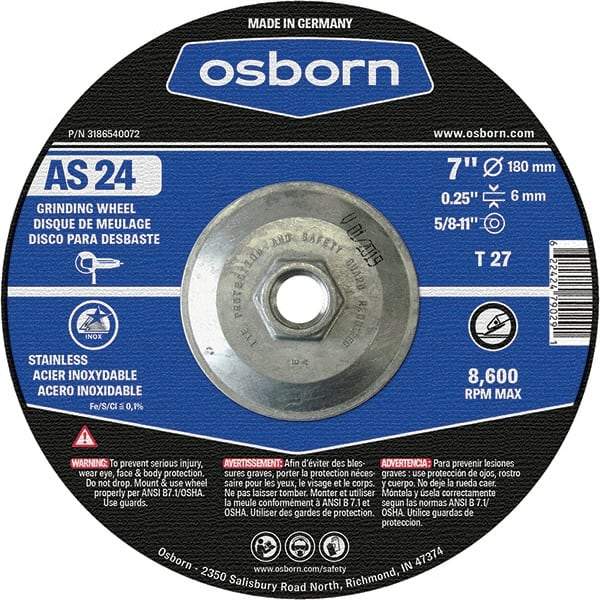 Osborn - 24 Grit, 7" Wheel Diam, 1/4" Wheel Thickness, Type 27 Depressed Center Wheel - Coarse Grade, Aluminum Oxide, 8,600 Max RPM - Caliber Tooling