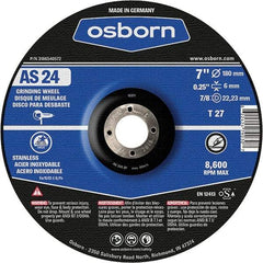 Osborn - 24 Grit, 7" Wheel Diam, 1/4" Wheel Thickness, 7/8" Arbor Hole, Type 27 Depressed Center Wheel - Coarse Grade, Aluminum Oxide, 8,600 Max RPM - Caliber Tooling