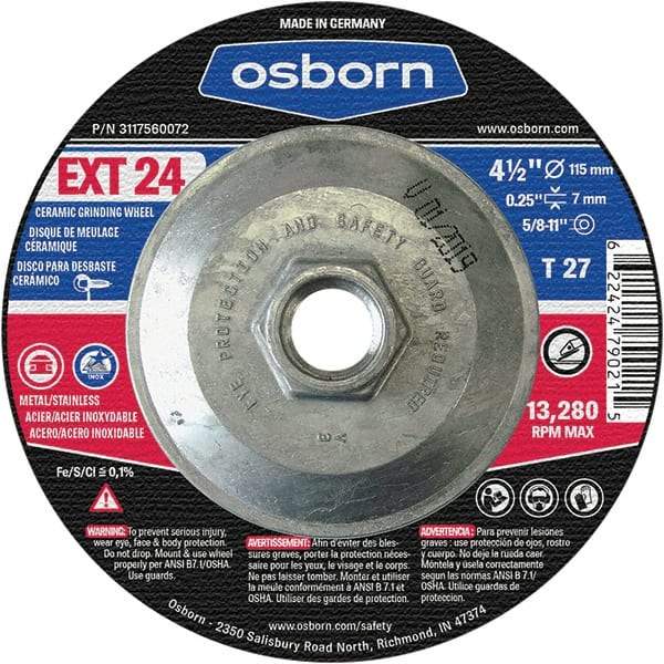 Osborn - 24 Grit, 4-1/2" Wheel Diam, 1/4" Wheel Thickness, Type 27 Depressed Center Wheel - Coarse Grade, Ceramic, 13,280 Max RPM - Caliber Tooling