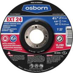 Osborn - 24 Grit, 4-1/2" Wheel Diam, 1/4" Wheel Thickness, 7/8" Arbor Hole, Type 27 Depressed Center Wheel - Coarse Grade, Ceramic, 13,280 Max RPM - Caliber Tooling