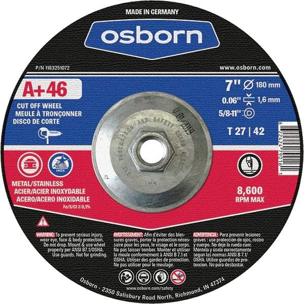 Osborn - 7" 46 Grit Aluminum Oxide Cutoff Wheel - 0.06" Thick, 5/8-11 Arbor, Use with Angle Grinders - Caliber Tooling