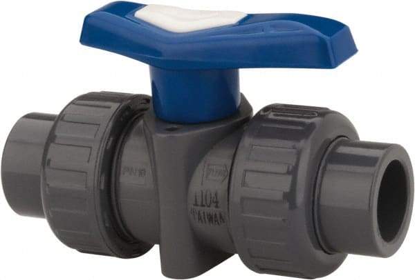 Simtech - 1-1/4" Pipe, Full Port, CPVC True Union Design Ball Valve - Inline - Two Way Flow, FNPT x FNPT (with Socket Adapter) Ends, Tee Handle, 232 WOG - Caliber Tooling