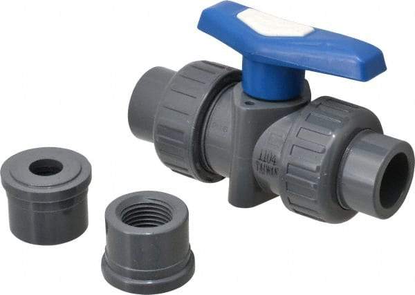 Simtech - 1/2" Pipe, Full Port, PVC True Union Design Ball Valve - Inline - Two Way Flow, FNPT x FNPT (with Socket Adapter) Ends, Tee Handle, 232 WOG - Caliber Tooling