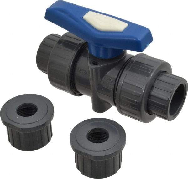 Simtech - 3/4" Pipe, Full Port, PVC True Union Design Ball Valve - Inline - Two Way Flow, FNPT x FNPT (with Socket Adapter) Ends, Tee Handle, 232 WOG - Caliber Tooling