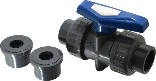 Simtech - 1" Pipe, Full Port, PVC True Union Design Ball Valve - Inline - Two Way Flow, FNPT x FNPT (with Socket Adapter) Ends, Tee Handle, 232 WOG - Caliber Tooling