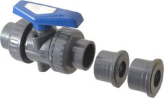 Simtech - 1-1/4" Pipe, Full Port, PVC True Union Design Ball Valve - Inline - Two Way Flow, FNPT x FNPT (with Socket Adapter) Ends, Tee Handle, 232 WOG - Caliber Tooling