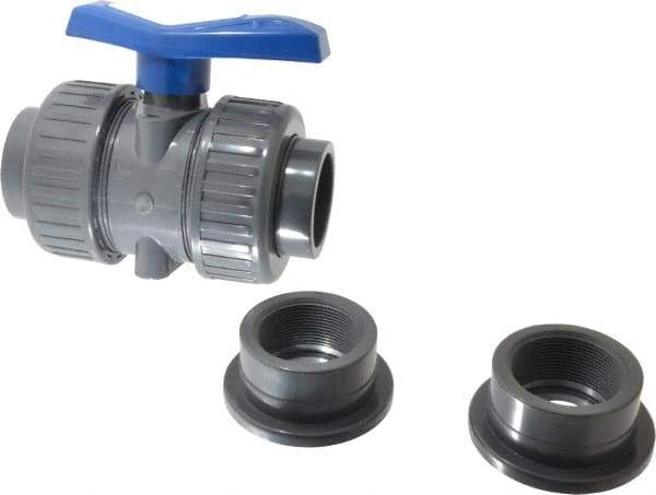 Simtech - 2" Pipe, Full Port, PVC True Union Design Ball Valve - Inline - Two Way Flow, FNPT x FNPT (with Socket Adapter) Ends, Tee Handle, 232 WOG - Caliber Tooling