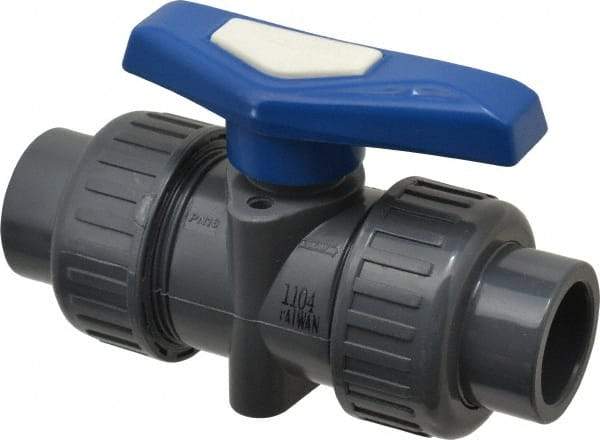 Simtech - 3/4" Pipe, Full Port, PVC True Union Design Ball Valve - Inline - Two Way Flow, FNPT x FNPT (with Socket Adapter) Ends, Tee Handle, 232 WOG - Caliber Tooling