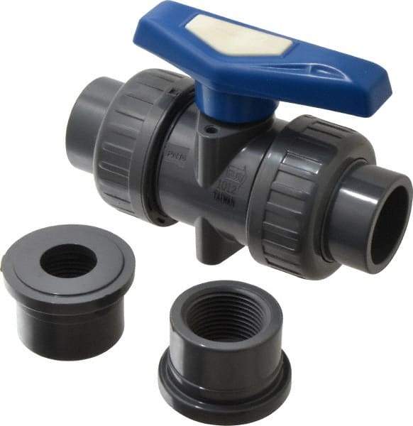 Simtech - 1" Pipe, Full Port, PVC True Union Design Ball Valve - Inline - Two Way Flow, FNPT x FNPT (with Socket Adapter) Ends, Tee Handle, 232 WOG - Caliber Tooling