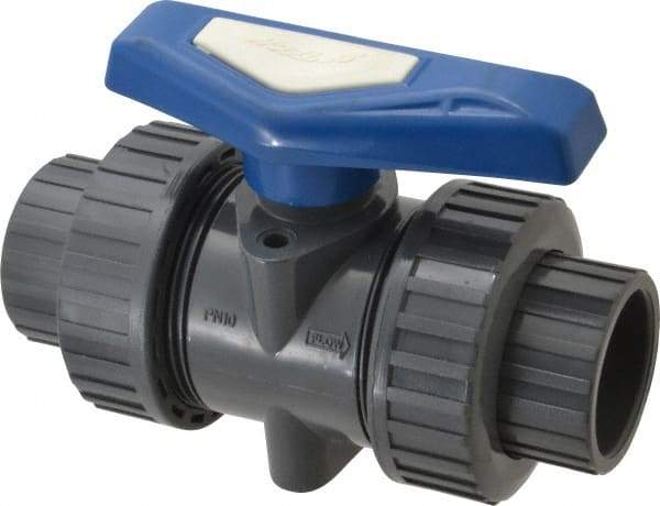 Simtech - 1-1/4" Pipe, Full Port, PVC True Union Design Ball Valve - Inline - Two Way Flow, FNPT x FNPT (with Socket Adapter) Ends, Tee Handle, 232 WOG - Caliber Tooling