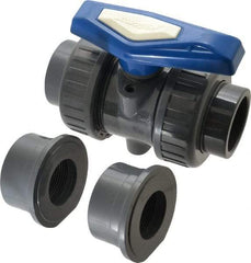 Simtech - 1-1/2" Pipe, Full Port, PVC True Union Design Ball Valve - Inline - Two Way Flow, FNPT x FNPT (with Socket Adapter) Ends, Tee Handle, 232 WOG - Caliber Tooling