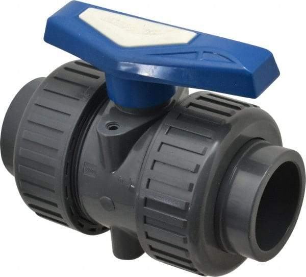 Simtech - 2" Pipe, Full Port, PVC True Union Design Ball Valve - Inline - Two Way Flow, FNPT x FNPT (with Socket Adapter) Ends, Tee Handle, 232 WOG - Caliber Tooling