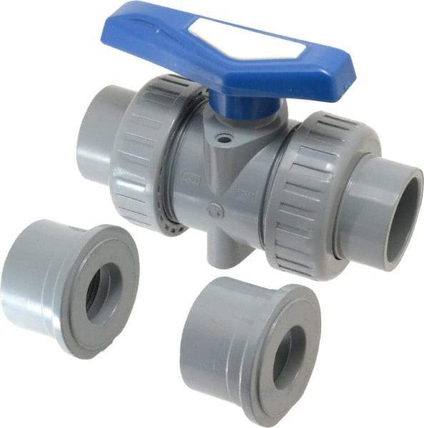 Simtech - 1-1/4" Pipe, Full Port, CPVC True Union Design Ball Valve - Inline - Two Way Flow, FNPT x FNPT (with Socket Adapter) Ends, Tee Handle, 232 WOG - Caliber Tooling