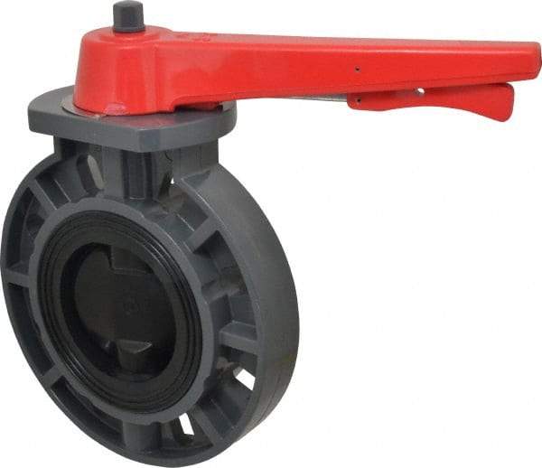 Simtech - 4" Pipe, Wafer Butterfly Valve - Lever Handle, PVC Body, EPDM Seat, 150 WOG, Polypropylene Disc, Stainless Steel Stem - Caliber Tooling