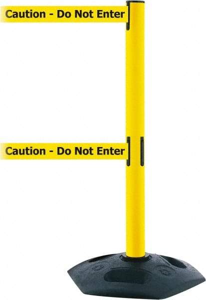 Tensator - 38" High, 2-1/2" Pole Diam, 4 Way Stanchion - 19" Base Diam, Octagon Recycled Rubber Base, Yellow Plastic Post, 13' x 2" Tape, Dual Line Tape, For Outdoor Use - Caliber Tooling