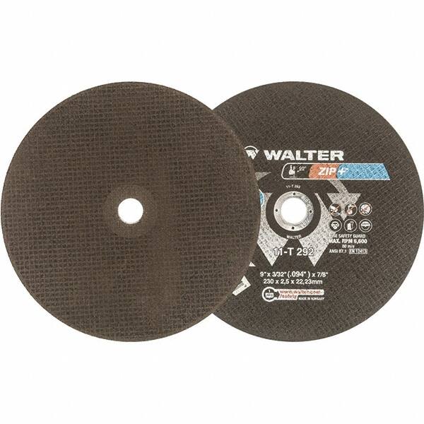 WALTER Surface Technologies - 9" 46 Grit Aluminum Oxide Cutoff Wheel - 3/32" Thick, 7/8" Arbor, 6,600 Max RPM, Use with Angle Grinders - Caliber Tooling