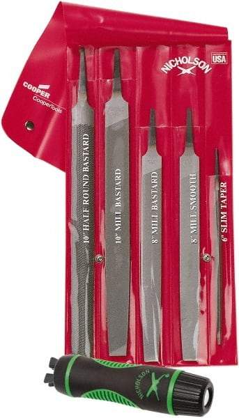 Nicholson - 6 Piece American Pattern File Set - 6", 8", 10" Long, Bastard/Smooth Coarseness, Set Includes Half Round, Mill, Slim Taper - Caliber Tooling