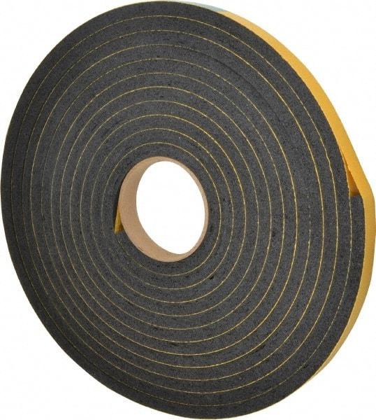 Made in USA - 7/16" Thick x 3/4" Wide x 25' Long Black Open Cell Natural Foam Rubber Roll - Stock Length, Adhesive Back, 24 to 30 Lb/Cu Ft Density, -20°F to 160°F - Caliber Tooling