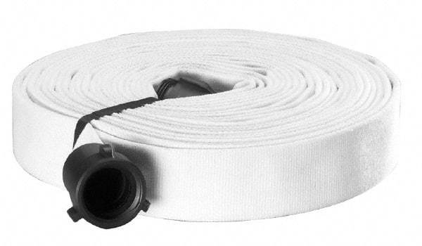 Made in USA - 1-1/2" ID x 1-3/4" OD, 250 Working psi, White Polyester/Rubber Fire Hose, Single Jacket - 1-1/2" NH/NST Ends, 100' Long, -40 to 150°F,750 Burst psi - Caliber Tooling