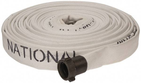 Made in USA - 1-1/2" ID x 1-3/4" OD, 150 Working psi, White Polyester/Rubber Fire Hose, Single Jacket - 1-1/2" NH/NST Ends, 100' Long, -40 to 150°F,450 Burst psi - Caliber Tooling