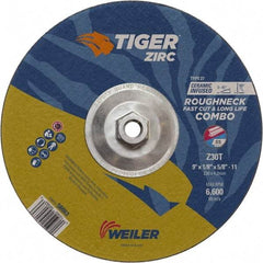 Weiler - 30 Grit, 9" Wheel Diam, Type 27 Depressed Center Wheel - Hard Grade, Zirconia Alumina, T Hardness, 6,600 Max RPM - Caliber Tooling