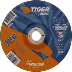 Weiler - 30 Grit, 7" Wheel Diam, 7/8" Arbor Hole, Type 27 Depressed Center Wheel - Hard Grade, Zirconia Alumina, T Hardness, 8,500 Max RPM - Caliber Tooling