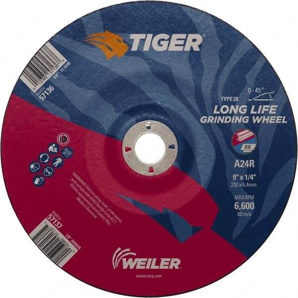 Weiler - 24 Grit, 9" Wheel Diam, 7/8" Arbor Hole, Type 28 Depressed Center Wheel - Medium Grade, Aluminum Oxide, R Hardness, 6,600 Max RPM - Caliber Tooling