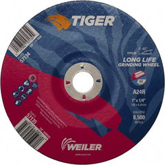 Weiler - 24 Grit, 7" Wheel Diam, 7/8" Arbor Hole, Type 28 Depressed Center Wheel - Medium Grade, Aluminum Oxide, R Hardness, 8,500 Max RPM - Caliber Tooling