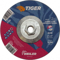 Weiler - 24 Grit, 6" Wheel Diam, Type 27 Depressed Center Wheel - Medium Grade, Aluminum Oxide, R Hardness, 10,200 Max RPM - Caliber Tooling