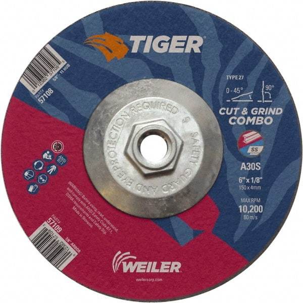 Weiler - 30 Grit, 6" Wheel Diam, Type 27 Depressed Center Wheel - Medium Grade, Aluminum Oxide, S Hardness, 10,200 Max RPM - Caliber Tooling