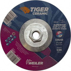 Weiler - 24 Grit, 7" Wheel Diam, Type 27 Depressed Center Wheel - Medium Grade, Ceramic, R Hardness, 8,500 Max RPM - Caliber Tooling