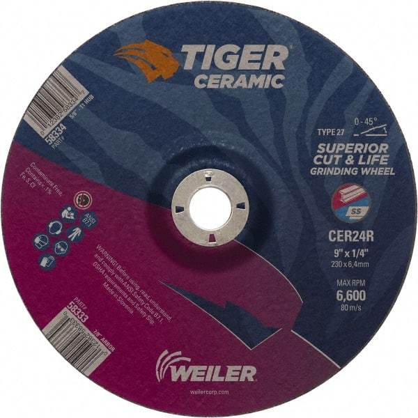 Weiler - 24 Grit, 9" Wheel Diam, 7/8" Arbor Hole, Type 27 Depressed Center Wheel - Medium Grade, Ceramic, R Hardness, 6,600 Max RPM - Caliber Tooling