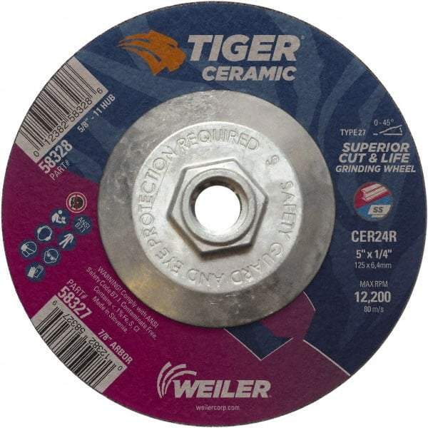 Weiler - 24 Grit, 5" Wheel Diam, Type 27 Depressed Center Wheel - Medium Grade, Ceramic, R Hardness, 12,200 Max RPM - Caliber Tooling