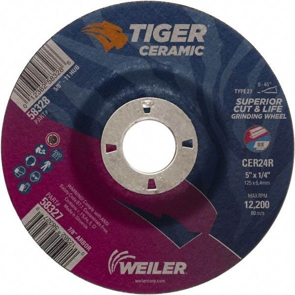 Weiler - 24 Grit, 5" Wheel Diam, 7/8" Arbor Hole, Type 27 Depressed Center Wheel - Medium Grade, Ceramic, R Hardness, 12,200 Max RPM - Caliber Tooling