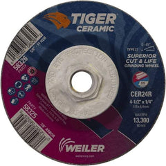 Weiler - 24 Grit, 4-1/2" Wheel Diam, Type 27 Depressed Center Wheel - Medium Grade, Ceramic, R Hardness, 13,300 Max RPM - Caliber Tooling