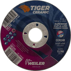 Weiler - 24 Grit, 4-1/2" Wheel Diam, 7/8" Arbor Hole, Type 27 Depressed Center Wheel - Medium Grade, Ceramic, R Hardness, 13,300 Max RPM - Caliber Tooling