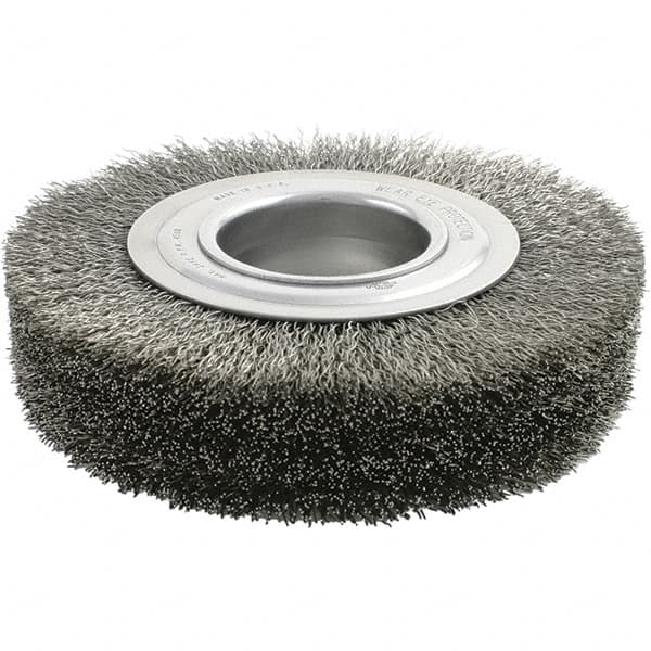 Brush Research Mfg. - 6" OD, 2" Arbor Hole, Crimped Stainless Steel Wheel Brush - 1-3/8" Face Width, 1-1/8" Trim Length, 4,500 RPM - Caliber Tooling