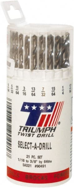 Triumph Twist Drill - 1/16 to 3/8", 135° Point, Bright Finish, High Speed Steel Jobber Length Drill Bit Set - Caliber Tooling