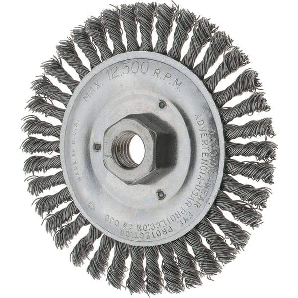 Tru-Maxx - 5" OD, 5/8-11 Arbor Hole, Stringer Bead Steel Wheel Brush - 3/16" Face Width, 7/8" Trim Length, 0.02" Filament Diam, 12,500 RPM - Caliber Tooling