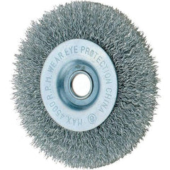 Tru-Maxx - 4" OD, 1/2" Arbor Hole, Crimped Steel Wheel Brush - 1/2" Face Width, 3/4" Trim Length, 0.014" Filament Diam, 6,000 RPM - Caliber Tooling