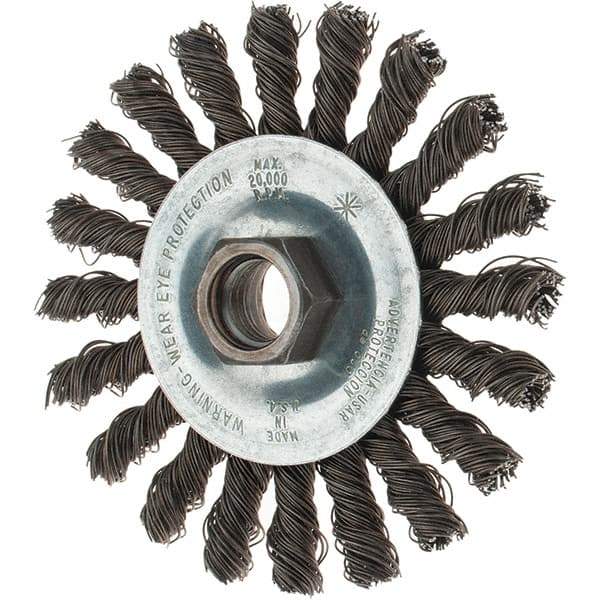 Tru-Maxx - 4" OD, 5/8-11 Arbor Hole, Knotted Steel Wheel Brush - 1/4" Face Width, 7/8" Trim Length, 0.02" Filament Diam, 20,000 RPM - Caliber Tooling